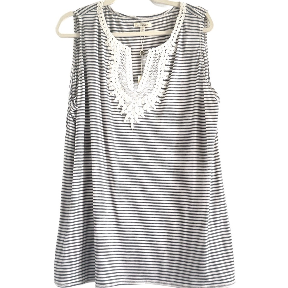 🌻 Max Studio Striped Sleeveless Blouse with Crochet Lace Trim 2X